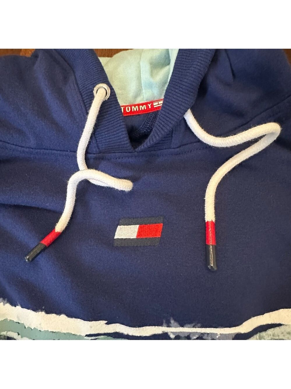 Tommy Hilfiger Sport Navy Blue Striped Logo Hooded Women’s Sweatshirt Large - Picture 5 of 7